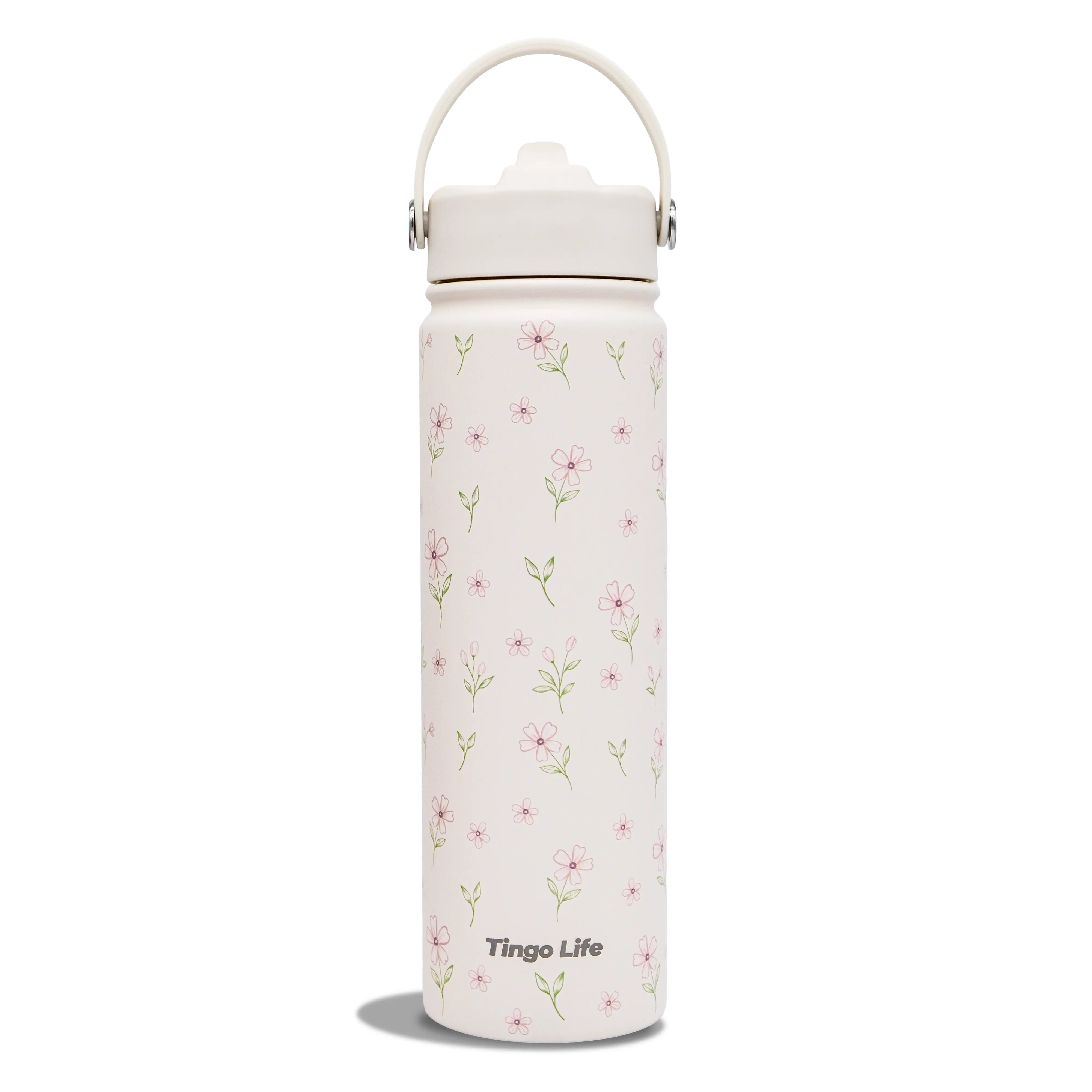 Tingo Life 25oz/32oz Insulated Stainless Steel Aesthetic Cute Water Bottle - 2 Lids Included (Straw + Sport Handle), Leakproof BPA-Free, Dreamy Cream Cute Floral Design, Perfect Gym/Yoga/Office Companion