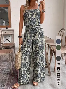 Women's 2-Piece Holiday, Vacation Style Sleeveless Top with Thin Straps, Long Pants with Random Prints, Fashionable Clothing Set