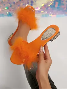 Women's Low Heel Slip-On Fur Sandals, Comfortable Plush Feather Fluffy Fashion Shoes, Indoor Outdoor Wear, Casual Soft Style