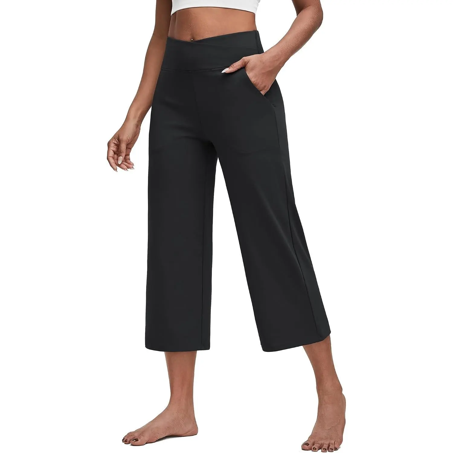 Capri Pants for Women Wide Leg Yoga Dress Capris with Pockets Cross Loose Casual Work Crop Pants