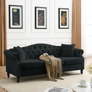 79" Chesterfield Sofa Couch for Living Room, 3 Seater Sofa Black Velvet Tufted Couch with Rolled Arms and Nailhead for Living Room, Bedroom, Office, Apartment, two pillows