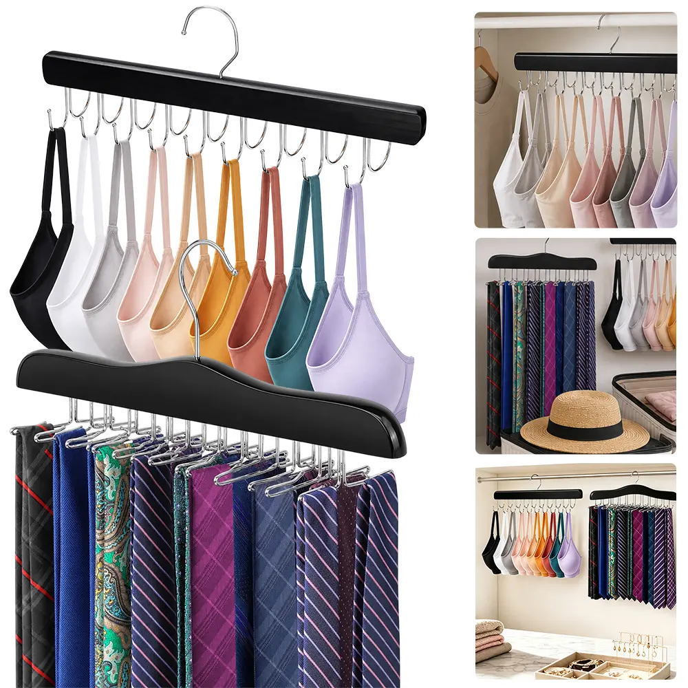 2pcs Sturdy Multi-Hook Underwear Tie Hanger - Smooth Wooden & Metal Closet Wardrobe Space Saver, Multi-Purpose Organizer for Camisoles, Scarves, Belts, Lightweight