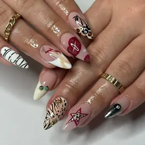 Gothic leopard print press on nails, Gothic Cross on Fake Nails, Gold Cross Star Nail Art, Luxury Press Ons, Birthday Party Holiday Nails