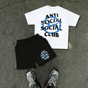 Men’s 2-Piece Anti-Social Slogan Graphic Outfit Set – Oversized short-sleeve T-shirt and comfortable athletic shorts, summer streetwear tracksuit for everyday wear, street style and casual wear