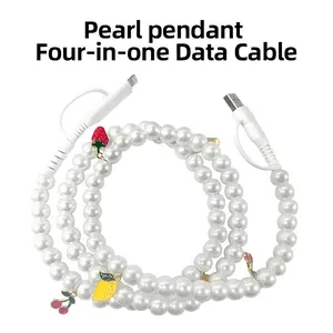 Pearl Series Four-in-One Data Cable with Pearl Pendant - Stylish Shine for iPhone & Samsung - USBC & Lightening Compatible - Versatile Charging Cord
