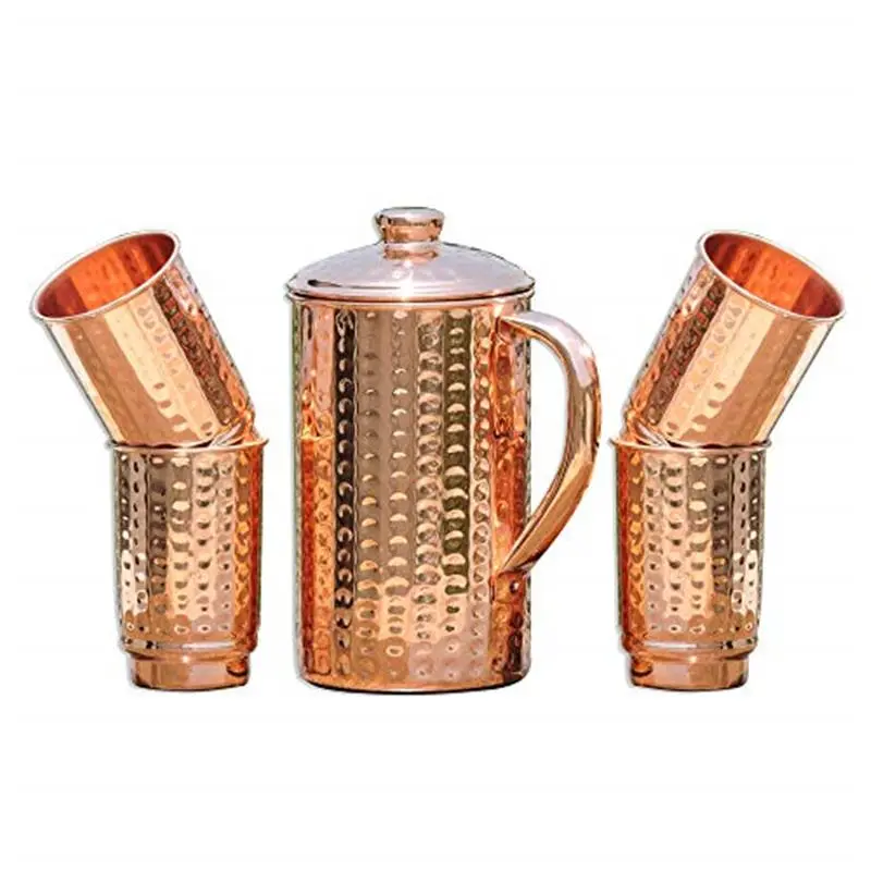 Pure Copper Hammered Pitcher with 4 Copper Tumblers | Hammered Copper Pitcher and Tumblers for Ayurveda Health Benefits