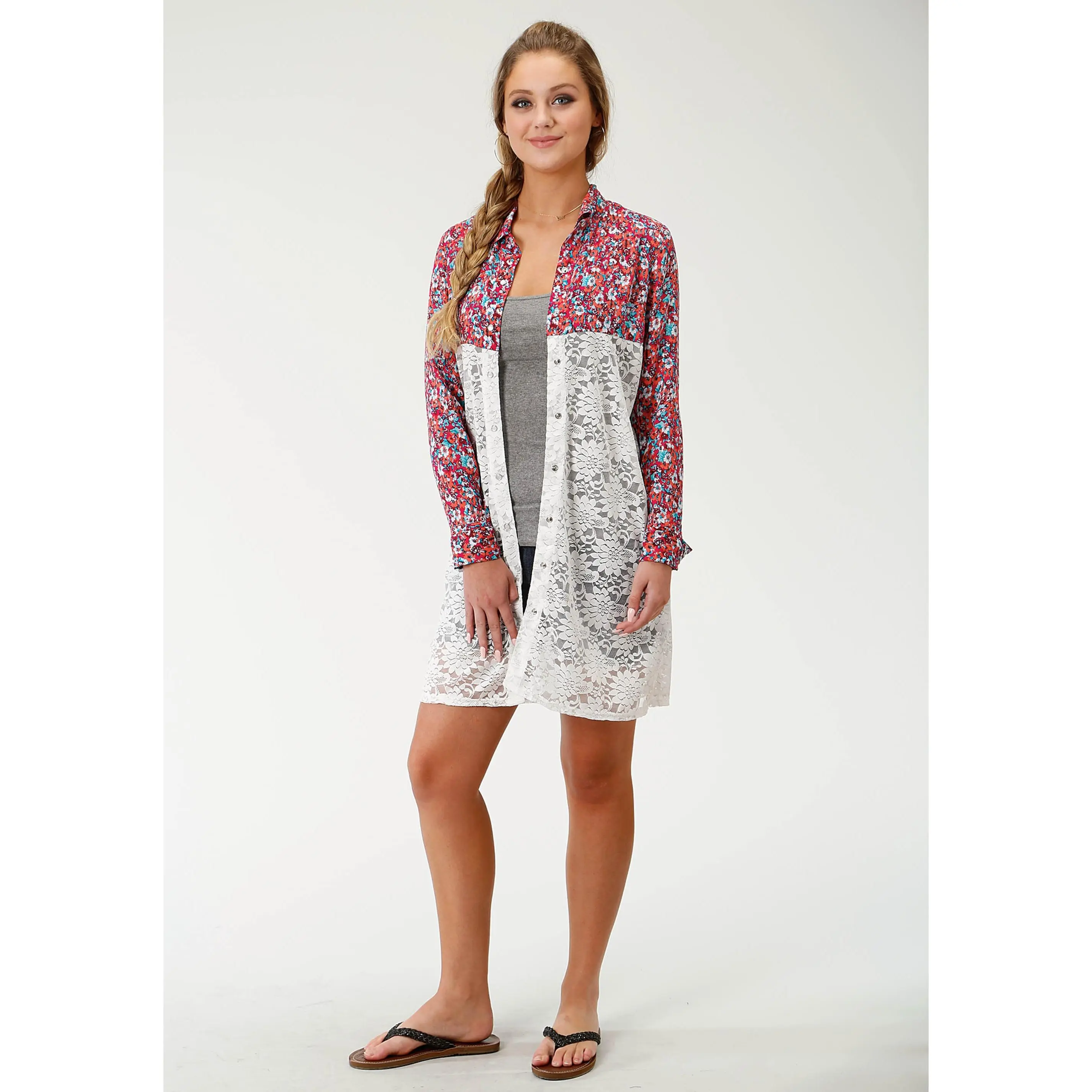 Womens Multi Colored Floral Long Sleeve Duster