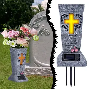 Solar Cemetery Vase with LED Cross Lamp Memorial Flower Holder with Spike Headstones Vases Graveston, Halloween Christmas Decoration Memorial Remembrance Gift for Yard Patio Loss Of Loved One, Holiday Decor