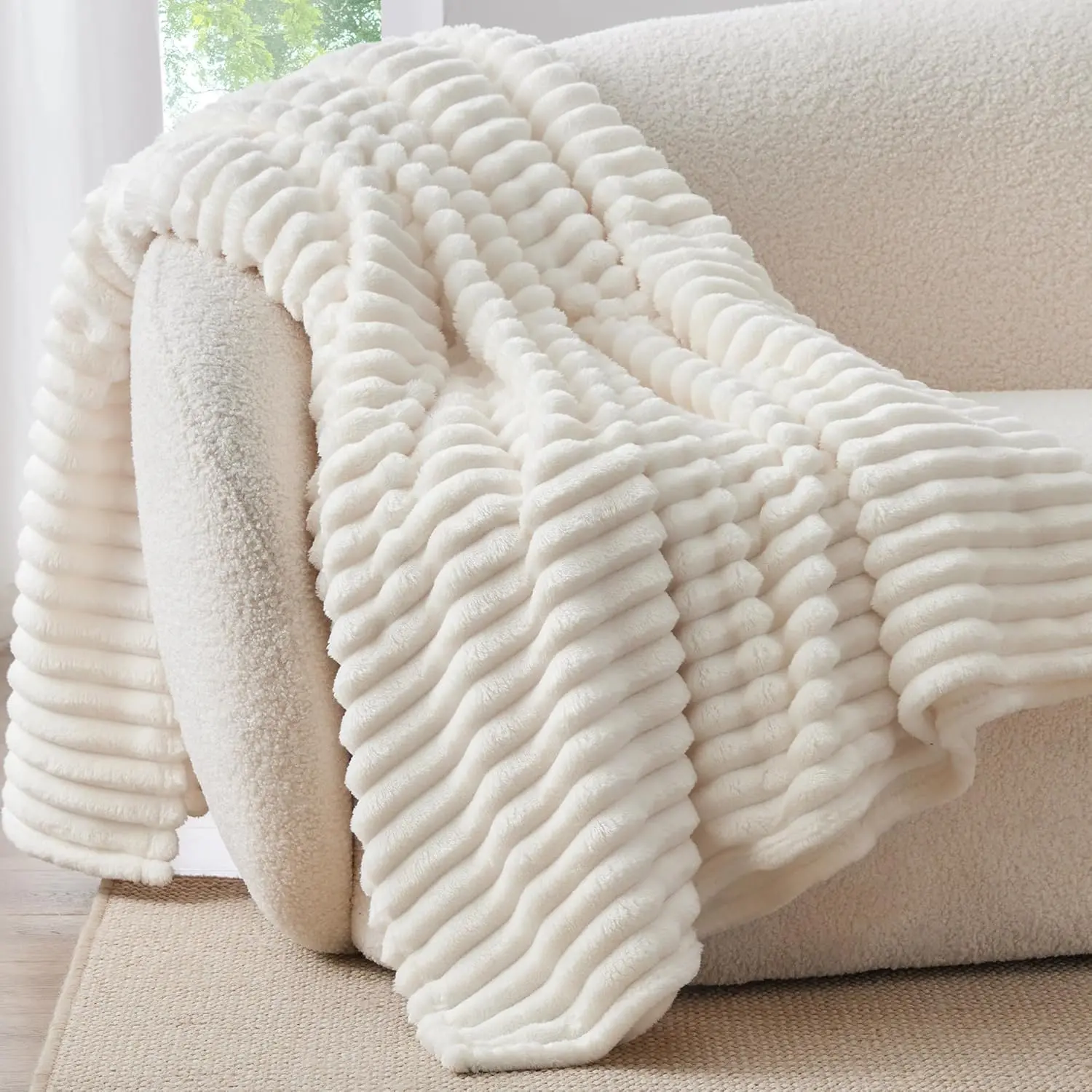 Cream White Striped Couch Throw Blanket - 300GSM Dense Fluffy Texture, 50"x60" Cozy Warm Fluffy Soft Blanket for Women, Decorative Giftable Linens, Machine Washable for Camping Use, Cozy Warm Blanket