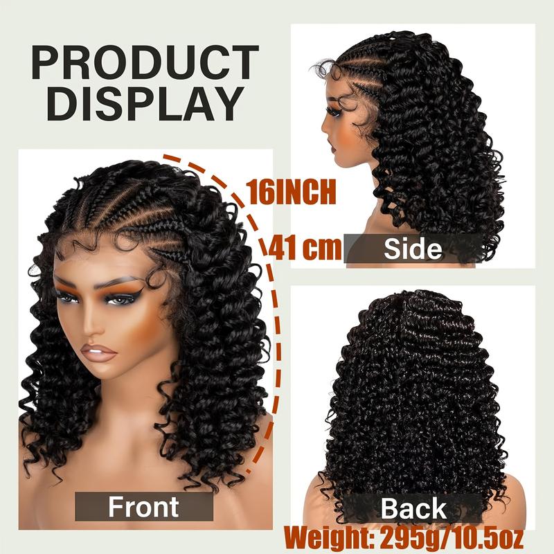 16 Inch Black Long Wavy Braided Lace Wigs for Women, Gorgeous Fluffy Wigs with Baby Hair Bangs, Synthetic Braided Full Lace Wigs for Party, Daily Use