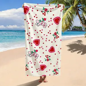 Cute Cartoon Bunny Heart Rose Print Beach Towel, Microfiber Quick Dry Sand Free Oversized Bath Towel, Soft Absorbent Swim Towel for Summer Vacation, Pool, Beach, Valentine's Day, Gift for Women Girls