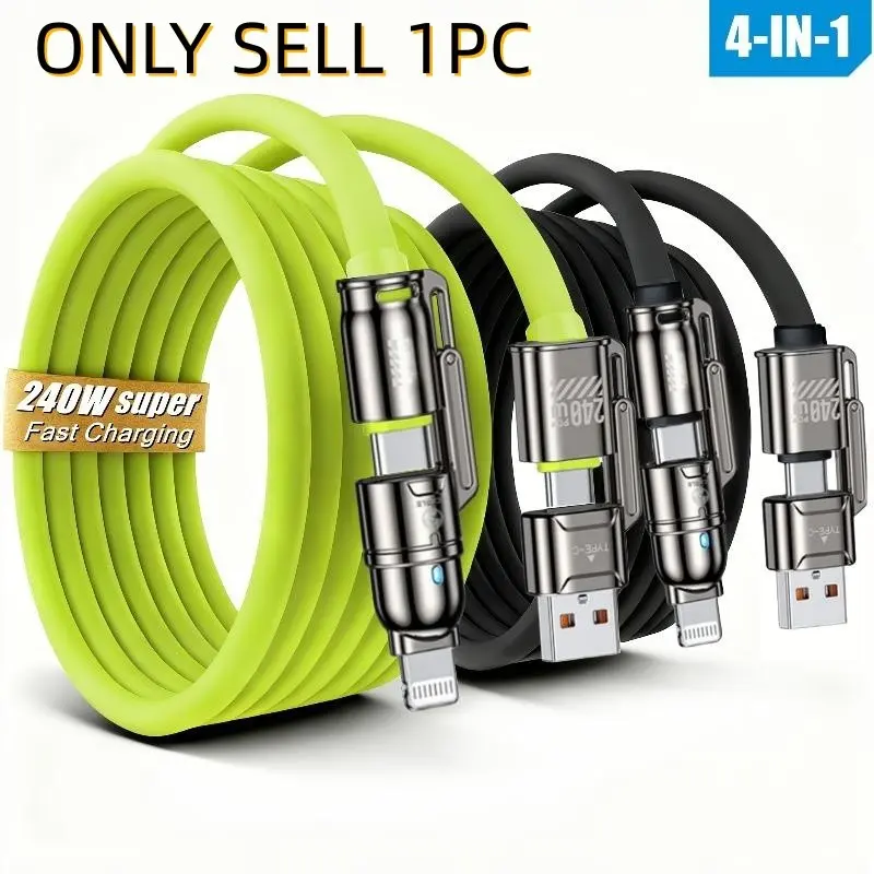 240W Super Fast Charging 4in 1 Cable & Data Transfer, USB C Thicker Charger Cord for iPhone iPad Charger Wire Combo with Lightning/Type C/USB A for iPhone 17/16/15/Macbook for Samsung, LG, Moto G, Google Pixel Xiaomi More
