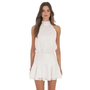 Lucy in the Sky White Shimmer Mock Neck Halter Dress – Elegant Sparkly Sleeveless Dress for Party, Cocktail & Evening Events