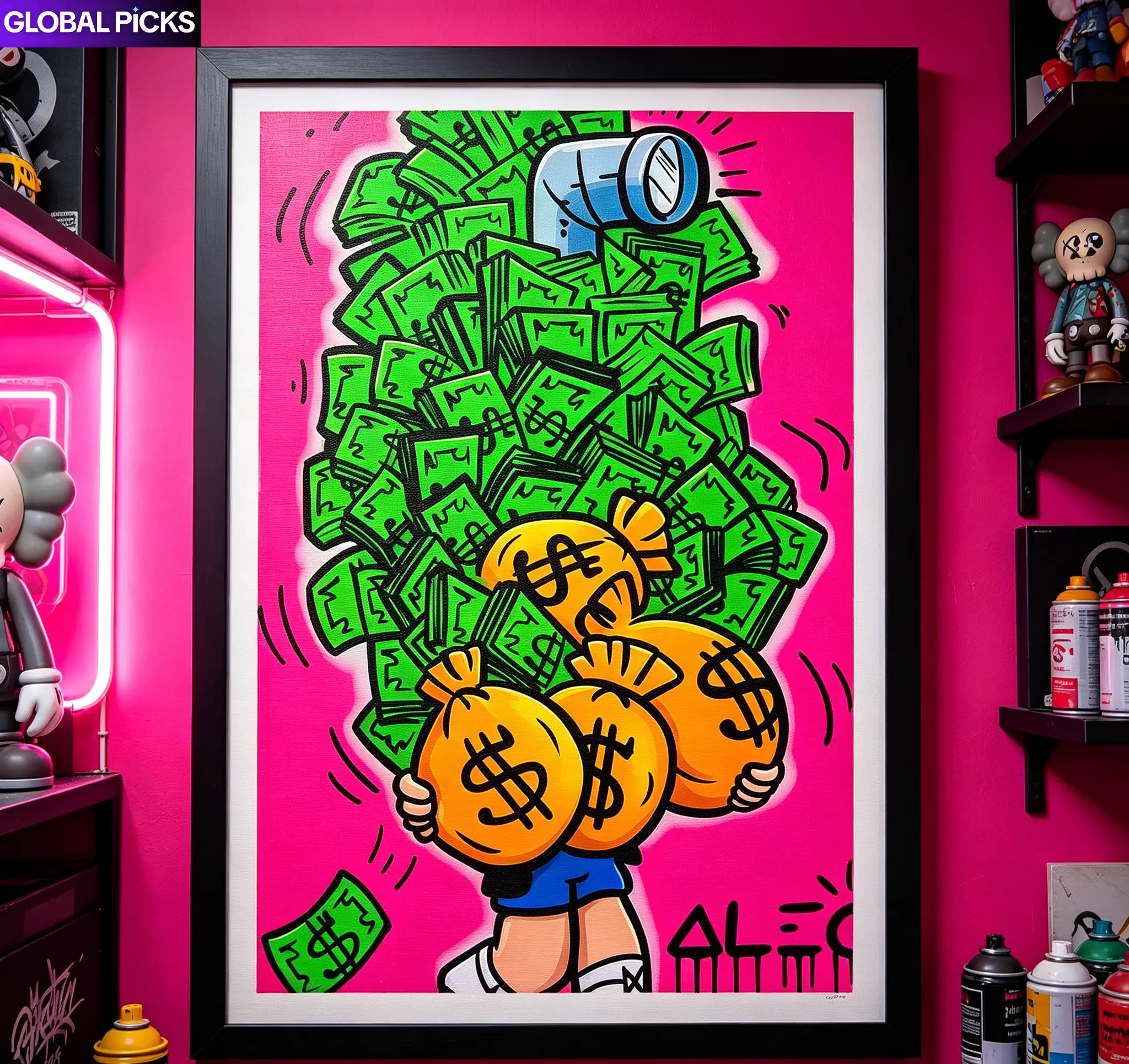 Cartoon Money Stack Pop Art Canvas Poster, Modern Street Graffiti Wall Art Print, Rich Dollar Bag Themed HD Artwork, Framed Decor for Bedroom Game Room Office Man Cave, Gift for Hypebeast & Street Art Fans