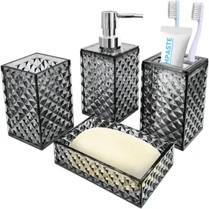 4 PCS Grey Boho Bathroom Accessory Set Including Soap Dispenser Toothbrush Holder Soap Dish Mouthwash Cup for Bathroom Decor