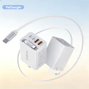 2pack 50W Fast Phone Charger, 5 in 1 Retractable Cable Travel Essential Brick Multiport, Foldable Wall Plug + 3ft C-Type Cable for iPhone Galaxy Lg Moto Tablets White CY