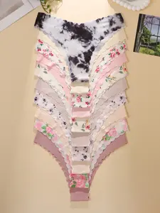 Women's Seamless V-Back Sporty Fitted Thong Panties, 10-Pack Solid & Floral Prints, Comfortable Lightweight One-Piece Design, All Season Wear