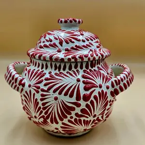Handcrafted Talavera Azucarero Red and White Ceramic Jar with Lid and Handles