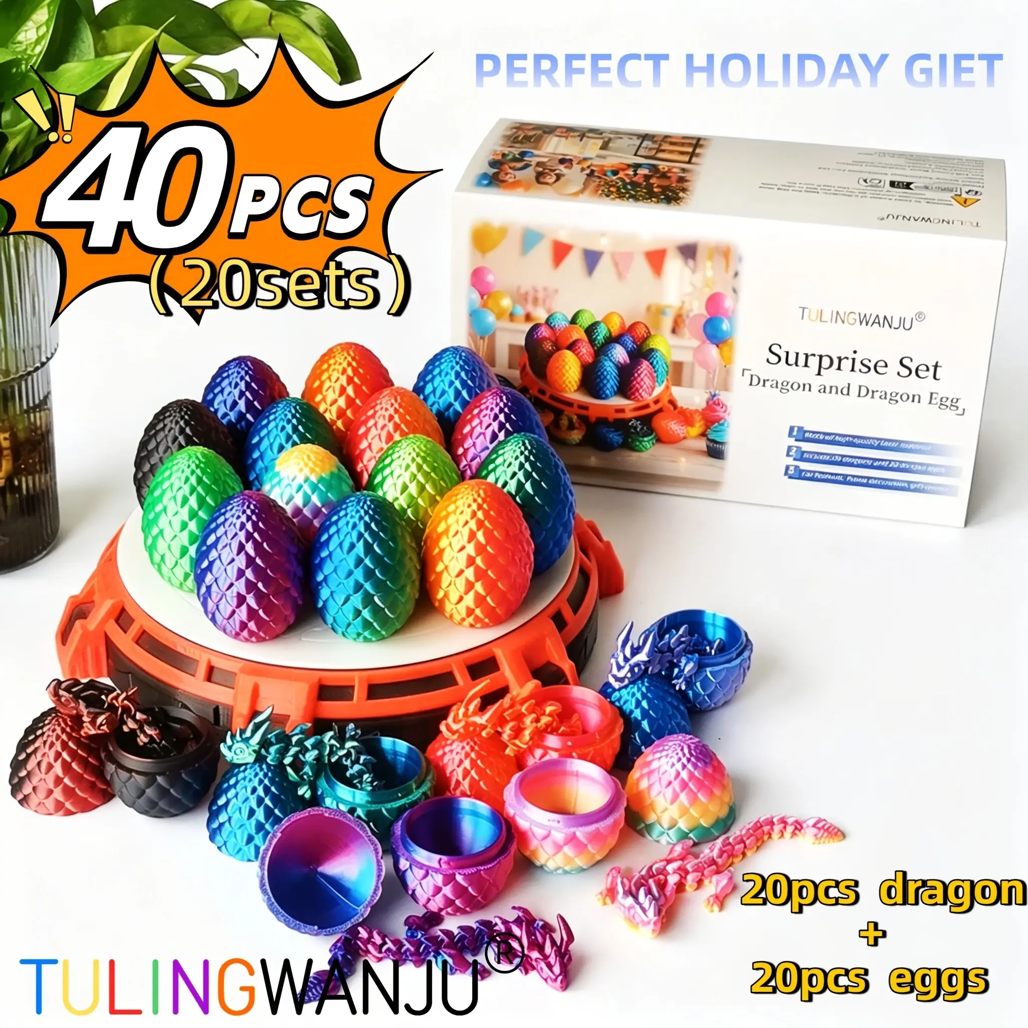 40pcs (20sets) Dragon Egg & Dragon Figure Collectible Decorations - 20 Dragons & 20 Eggs Suitable for Home, Office, Party, Themed Decorations, Role-Play Games, Dragon Egg Display for And