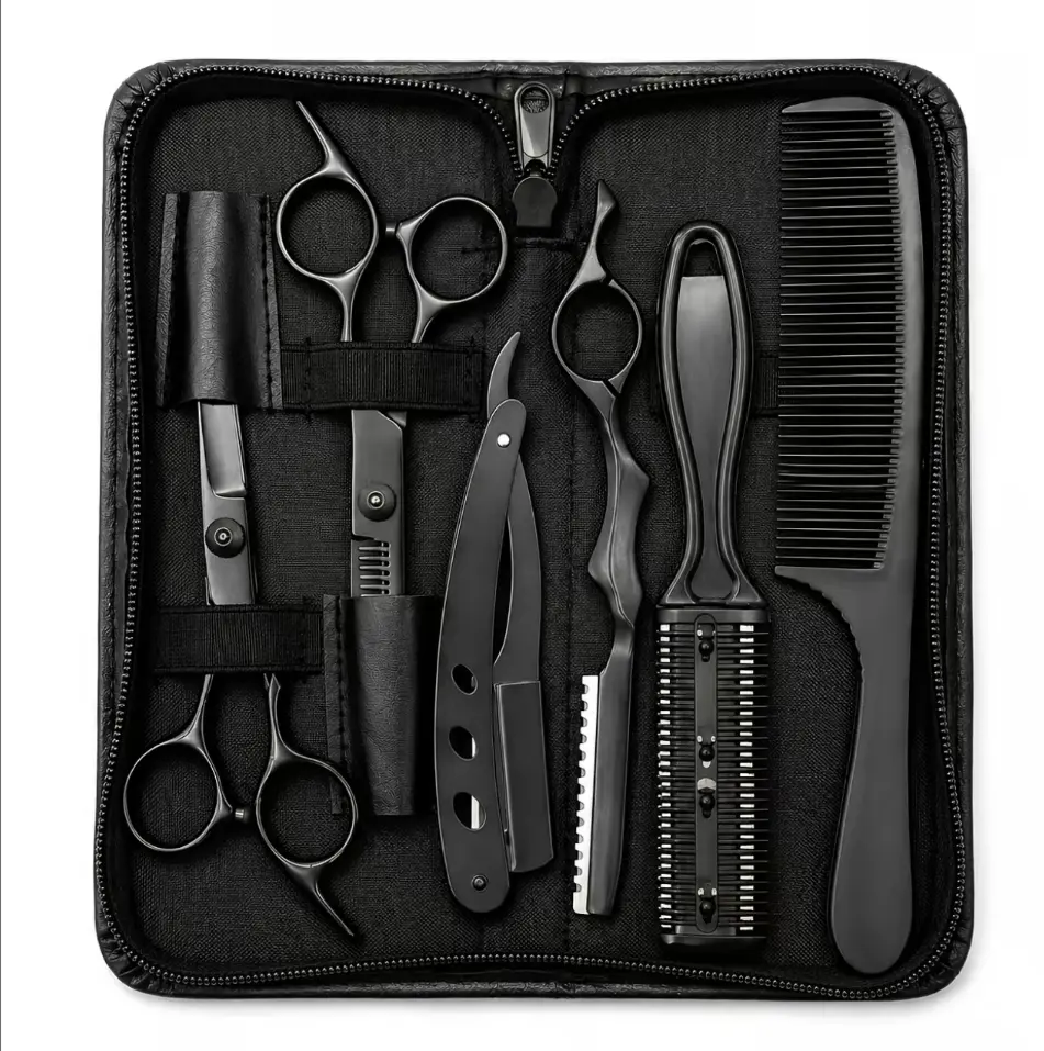 Wango 6PCS Professional Black Barber Haircutting Kit for Adults - Unscented hair care equipment with stainless steel blades, thinning shears, razor comb, texturizing tools, lightweight volumizer for salon & home use