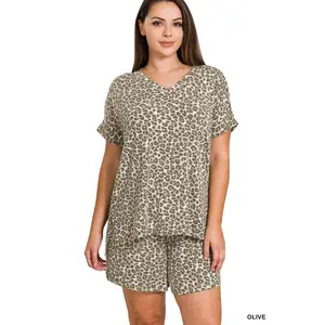 PLUS Olive Leopard Microfiber Top and Short Set