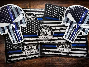 5 Piece Thin Blue Line Stickers, (Free Red Card & Skulls) Code 4