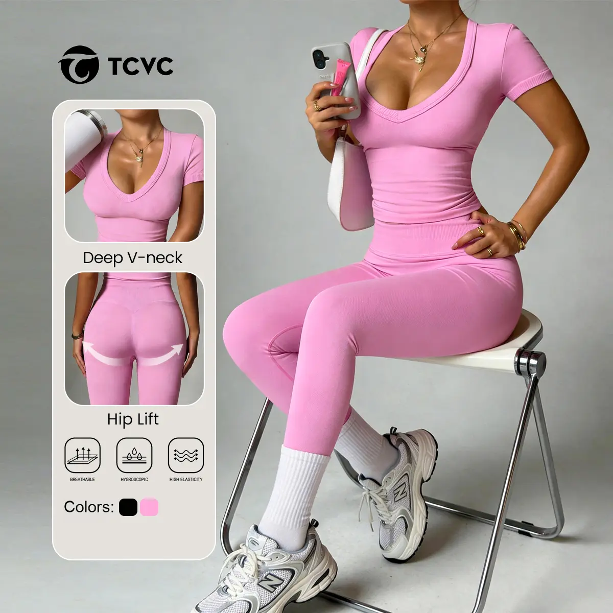 TCVC Women's Ribbed V-Neck Short Sleeve 2-Piece Workout Set, High Elastic & Skin-Friendly, Butt Lifting & Tummy Control, Seamless Fit, Ideal for Gym, Yoga & Streetwear, Spring & Summer