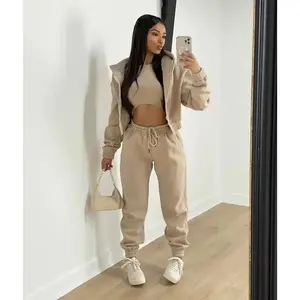 3pcs Women's Clothing Set Fleece-lined Hooded Sweater &Sleeveless Tank Top & Sports Sweatpants Pants