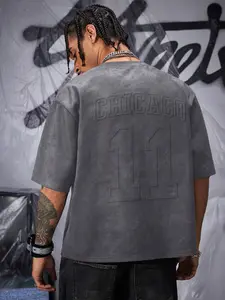 Men's Short Sleeve T-Shirt Fitted with Suede Texture, 3D Chicago Letter Embossed Logo, Casual Classic Vintage Streetwear for Summer Outings