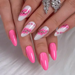 CurvLife Nailora Long Stiletto Press-On Gel Nails, Pink Glossy Floral Patterns, Spring-Designs, 2-Week Long-Lasting Wear