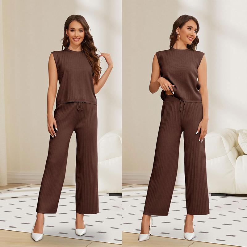 Molitree Women's 2 Piece Outfits Sweater Sets Knit Sleeveless Pullover Tops High Waist Pants Lounge Sets Tracksuits
