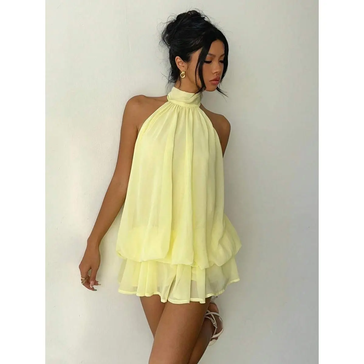 Aloruh Women's Chiffon Elegant Butter Yellow Halter Tie Mini Dress,Women Dating Dress,Women Night Out Aloruh Women's Chiffon Elegant Butter Yellow Halter Tie Mini Dress,Women Dating Dress,Women Night Out