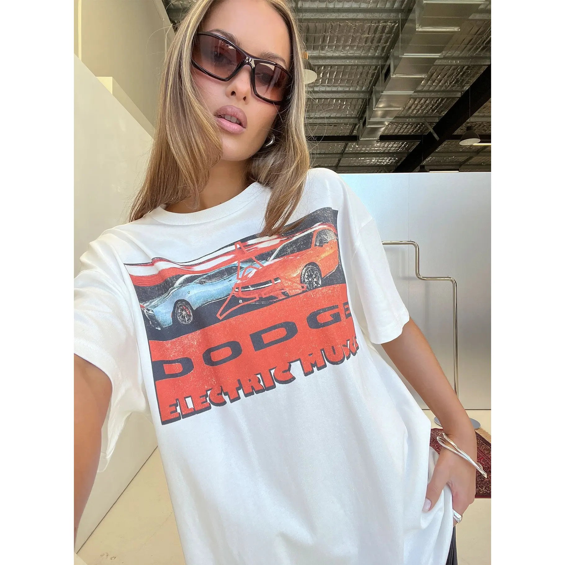 Dodge Electric Muscle Oversized Graphic Tee White