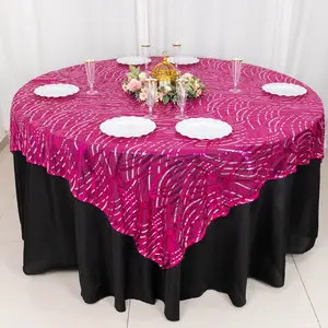 Sequin Mesh Table Overlay 72"x72" Fuchsia Silver Wave Embroidered Table Topper