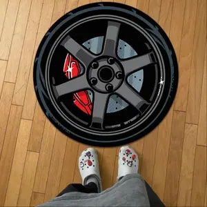 Round Carpet with Car Tire Design, Reflective Short Pile Comfort Rug, American Style Fashion Living Room Bedroom Decor Gift, Modern Abstract Rug