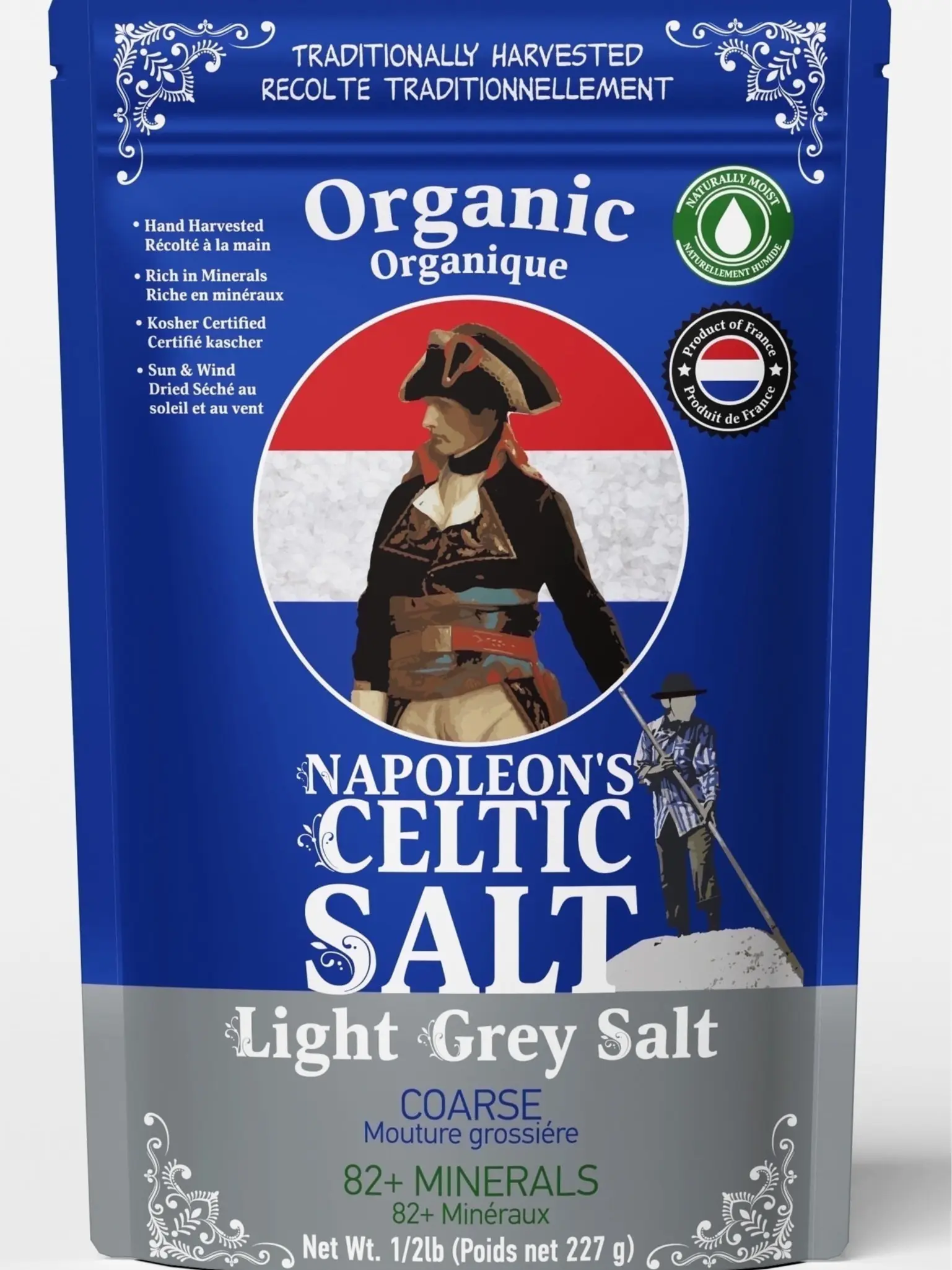 Napoleon's Celtic Salt Organic Coarse Light Grey Sea Salt, 82+ Minerals, Hand Harvested, 8 oz (227g)