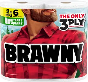 Brawny Tear-A-Square 3-Ply Paper Towels, 2 Triple Rolls (6 Regular Rolls), Strong, Absorbent & Durable, 3 Sheet Sizes (Quarter, Half, Full)