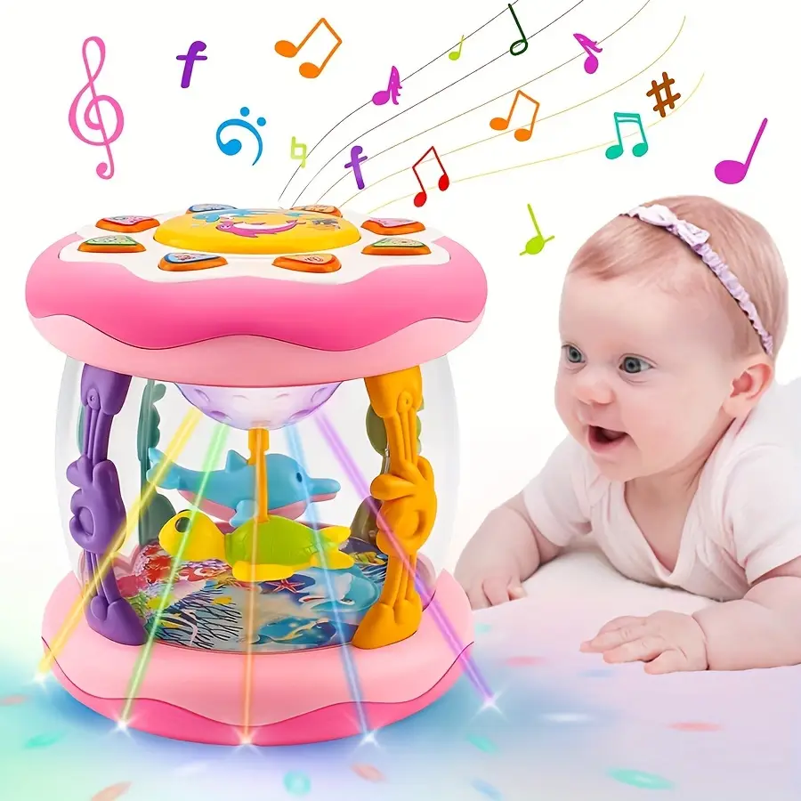 Baby Ocean Projection Lamp Toy, Rotating Light, Adjustable Volume, Music Belly Time, Encourages Crawling & Learning, Ideal Gift