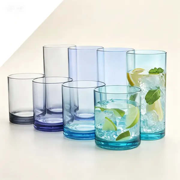 Classic Stylish 8-Piece Acrylic Drinking Glass Set - 12oz Rocks, 16oz Coastal Color Water Cups, BPA-Free Stackable Reusable Plastic Tumblers for Everyday Outdoors Use, Top-Rack Dishwasher Safe, Easy Cleaning, Made in USA