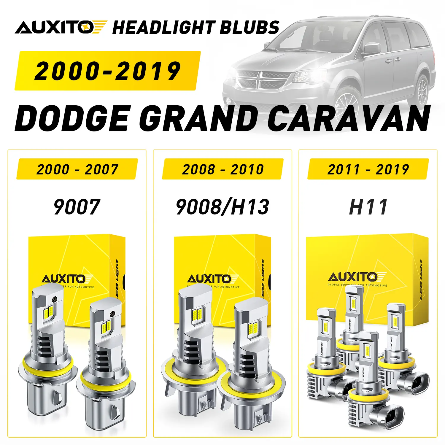 2000-2019 Dodge Grand Caravan AUXITO LED Headlight Bulbs, 9007 (2000-2007), 9008/H13 (2008-2010), H11 High/Low Beam (2011-2019), 40000LM 6500K Cool White,Anti-glare,CANBUS Ready,No error,No Flickering, Plug and Play