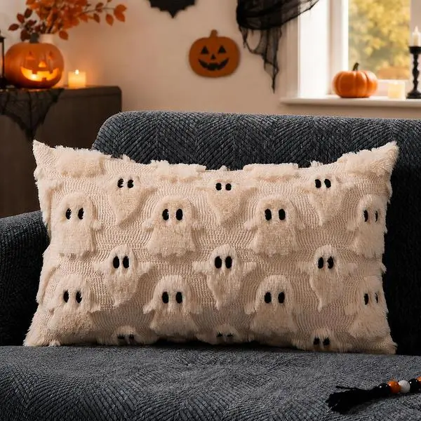 DFXSZ Halloween Pillow Covers 12x20 inch Ghost Decor Beige Halloween Lumbar Pillow Covers Decorative for Halloween Home Decor for Sofa 095B