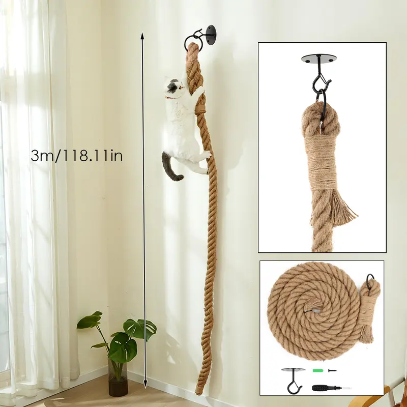 Catails Wall Mounted Jute Rope Cat Scratching Post - 3m/118.11in Vertical Scratcher, Contemporary Wood Design, Small Space-Saving for Apartments, Aids in Claw Sharpening for Indoor Cats #SummerSale