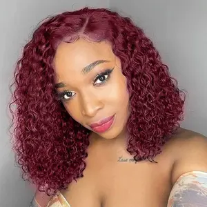 99J Burgundy Wear and Go Curly Wave Bob Wig 13x4 Lace Closure Glueless Wigs Human Hair Pre Plucked Pre Cut 180% Density Short Curly Human Hair Bob Wig for Black Women (Burgundy Wig, 12in)