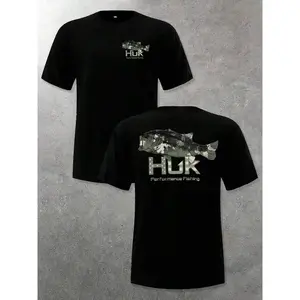 Men's Casual Crewneck HUK T - Shirt - Camo Bass Fish Graphic, 220g Soft Cotton Summer Tee