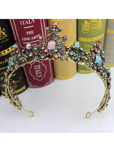 European and American bridal crown retro gold inlaid with seven-color diamond Queen's birthday party alloy crown princess big head crown