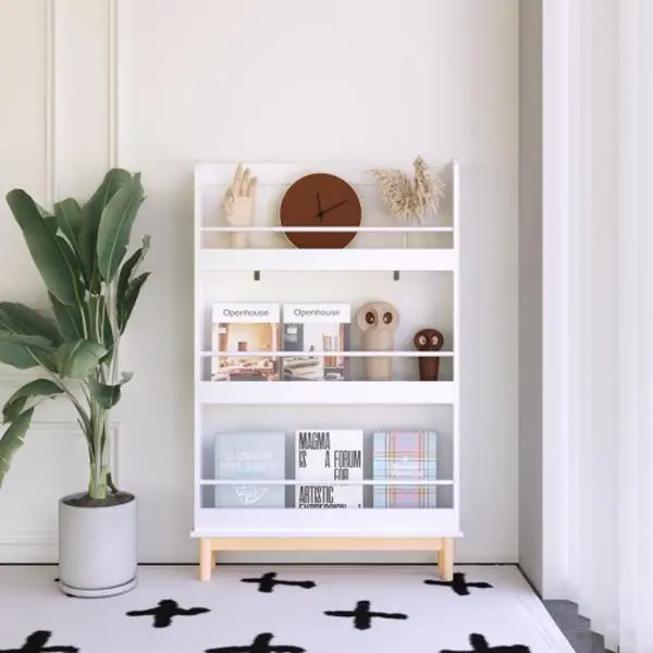 Kids Wall-Mounted Bookcase - Modern White Single Unit with 3 Front-Facing Shelves, Natural Wood Base, Simple Install for Toddler Bedroom, Nursery, Books Storage Solution