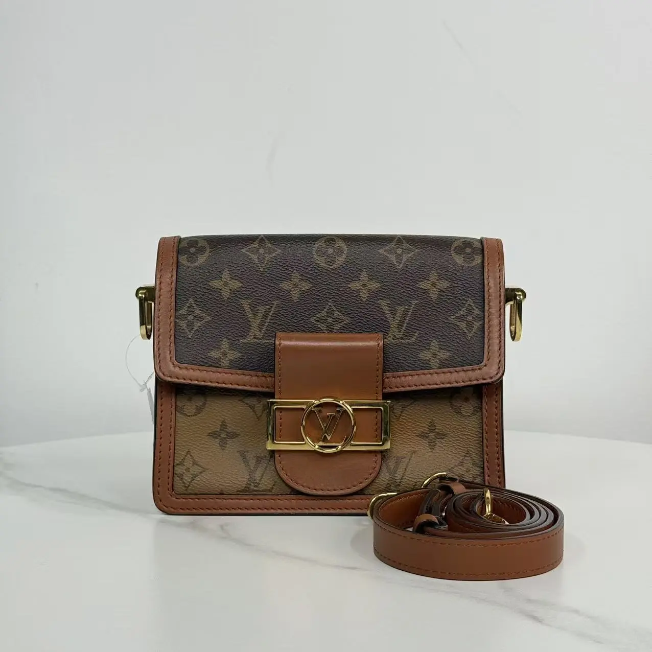 Pre-owned Louis Vuitton Dauphine Medium Reverse Monogram Canvas Leather Trim Gold Hardware