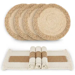 Boho Placemats Set of 4 - Cotton Burlap & Water Straw Woven Combination Table Mats Macrame Decor Farmhouse Style for Dining Table Kitchen