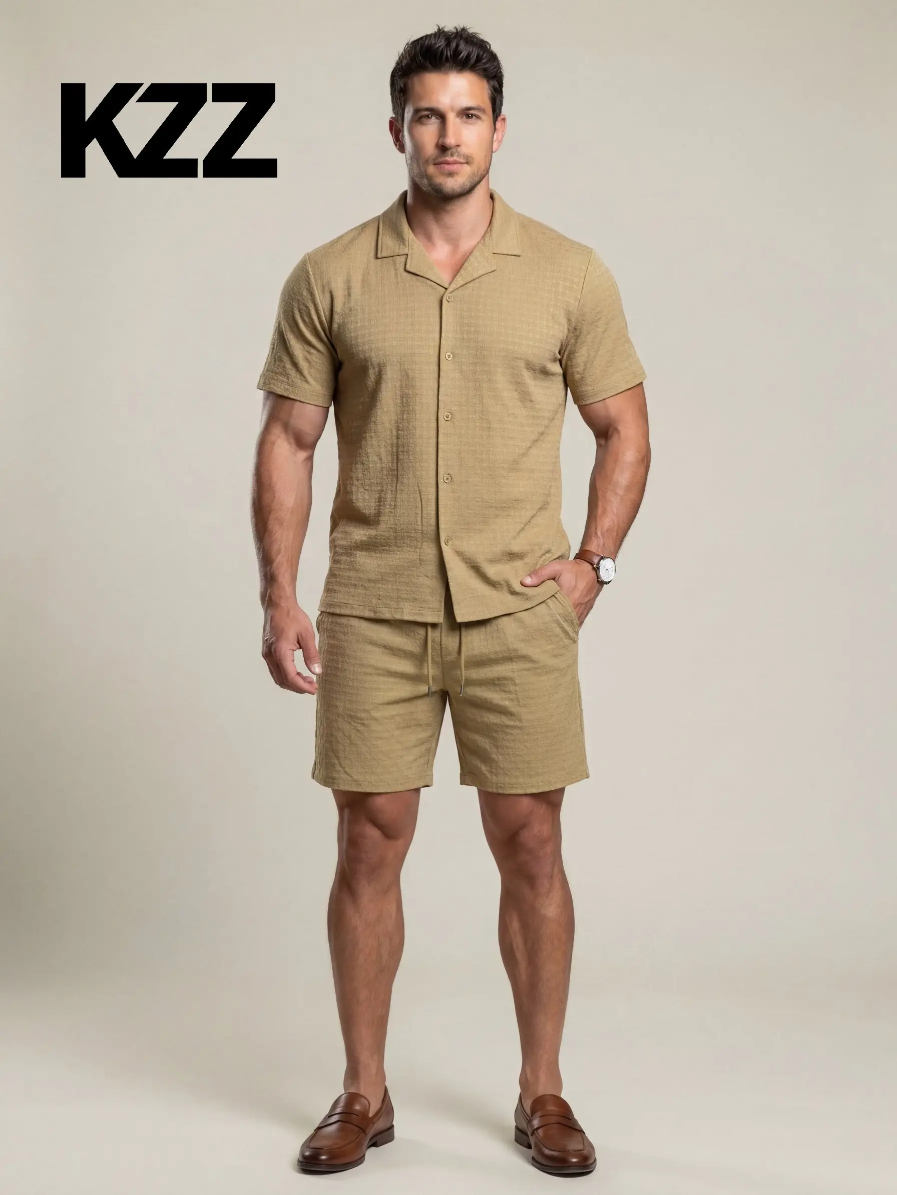 KZZ Spring Summer Short Sleeved Textured Casual Suit Men's Two Piece Set in Khaki Black for Menswear Comfortable Clothes