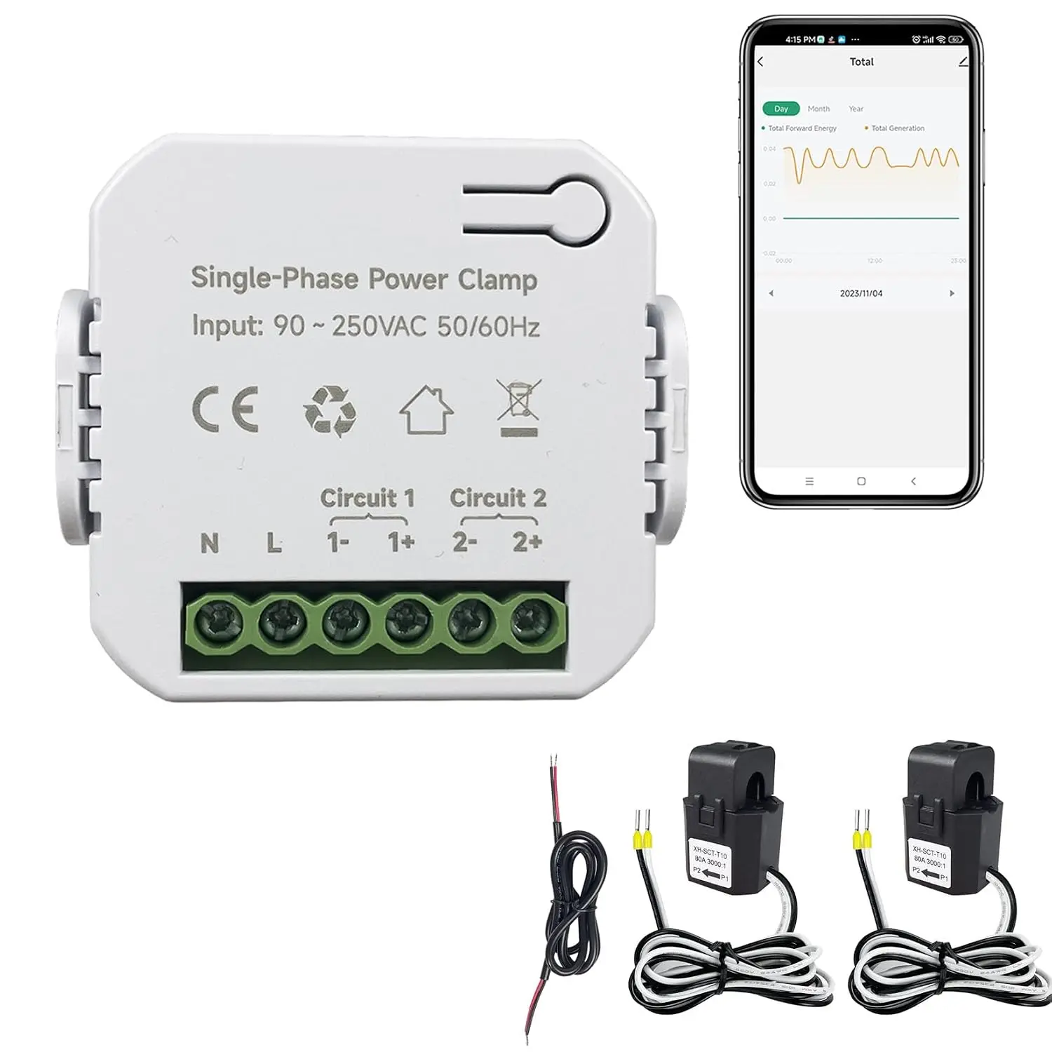 Smart Energy Monitor, Single Phase Clamp Electricity Meter with 2 * 80ACT Current Transformer, WiFi, Real-Time Electricity Monitor/Meter, Solar/Network Metering